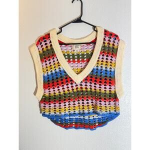 BDG M Colorful Crochet Knit Sweater Vest Retro V-Neck
